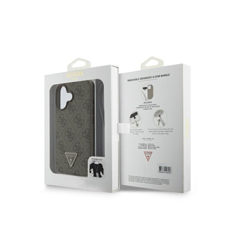 Husa iPhone 16 Guess Leather Metal Logo Strass Crossbody, maro, GUHCP16SP4TDSCPW