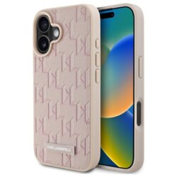 Husa iPhone 16 Karl Lagerfeld Leather MagSafe, Hot Stamp, roz, KLHMP16SPKHPORPP