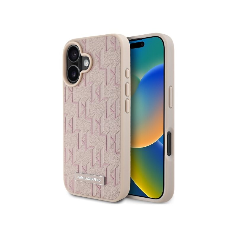 Husa iPhone 16 Karl Lagerfeld Leather MagSafe, Hot Stamp, roz, KLHMP16SPKHPORPP
