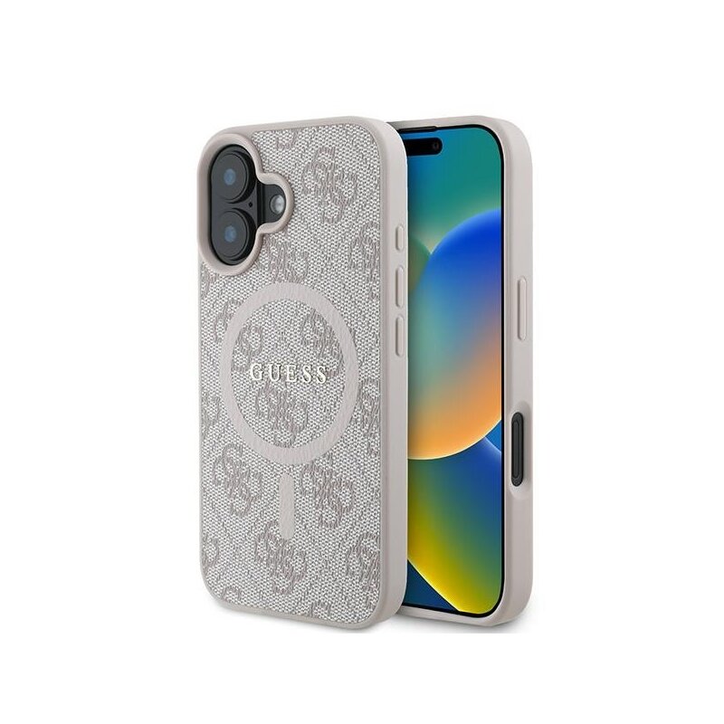 Husa iPhone 16 Plus Guess 4G Ring Classic Logo MagSafe, roz, GUHMP16MG4GFRP