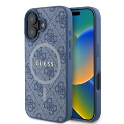 Husa iPhone 16 Guess 4G Ring Classic Logo MagSafe, albastru, GUHMP16SG4GFRB