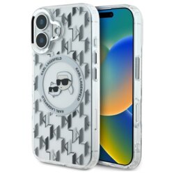 Husa iPhone 16 Karl Lagerfeld IML MagSafe, Monogram Karl&Choupette Head, transparenta, KLHMP16SHMCKMHT