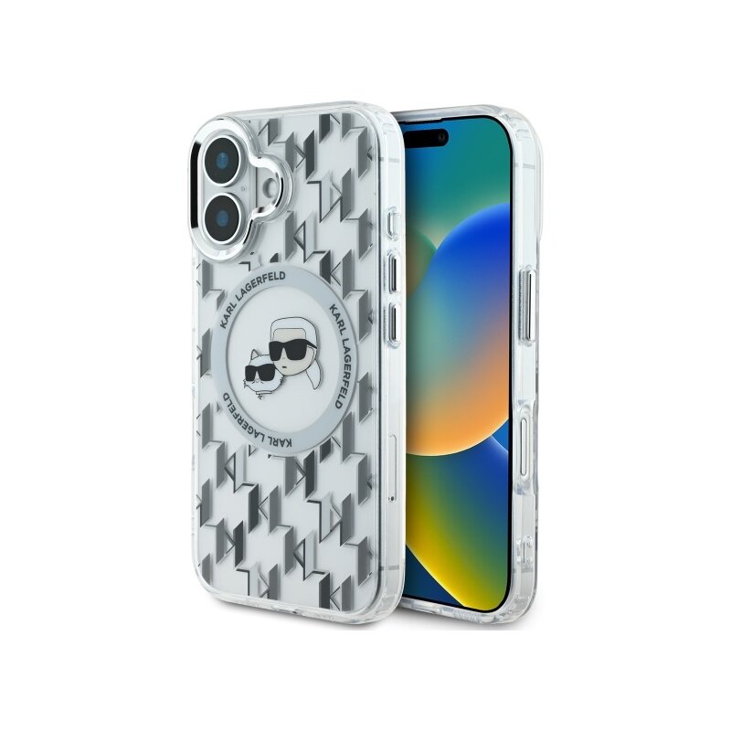 Husa iPhone 16 Karl Lagerfeld IML MagSafe, Monogram Karl&Choupette Head, transparenta, KLHMP16SHMCKMHT