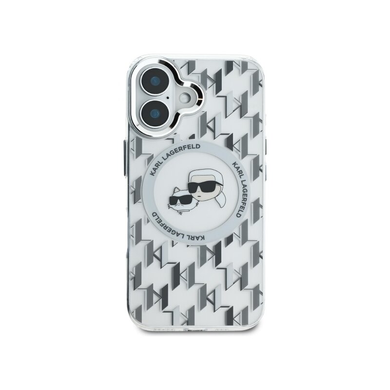 Husa iPhone 16 Karl Lagerfeld IML MagSafe, Monogram Karl&Choupette Head, transparenta, KLHMP16SHMCKMHT