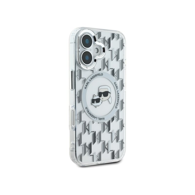 Husa iPhone 16 Karl Lagerfeld IML MagSafe, Monogram Karl&Choupette Head, transparenta, KLHMP16SHMCKMHT