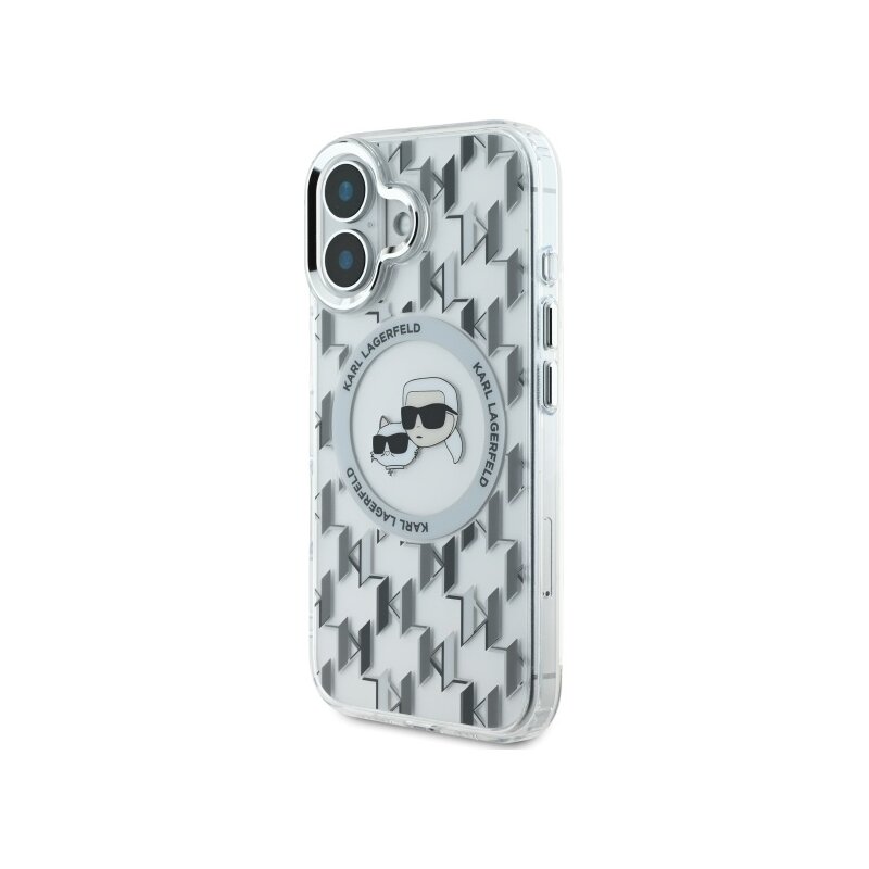 Husa iPhone 16 Karl Lagerfeld IML MagSafe, Monogram Karl&Choupette Head, transparenta, KLHMP16SHMCKMHT