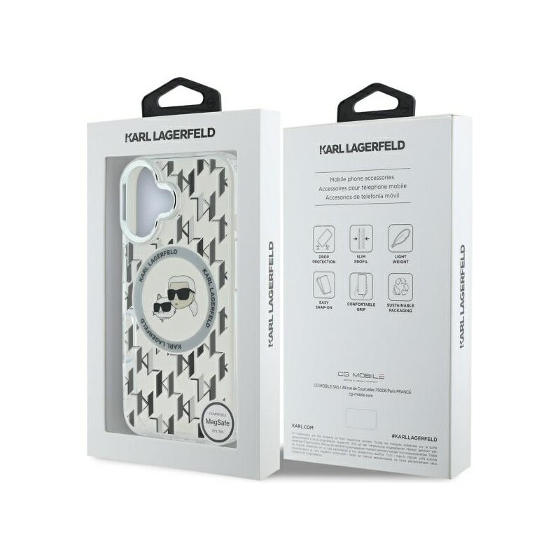 Husa iPhone 16 Karl Lagerfeld IML MagSafe, Monogram Karl&Choupette Head, transparenta, KLHMP16SHMCKMHT