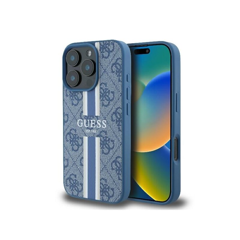 Husa originala Guess iPhone 16 Pro Hardcase 4G Printed Stripes MagSafe, albastru, GUHMP16LP4RPSB