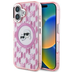 Husa iPhone 16 Karl Lagerfeld IML MagSafe, Monogram Karl&Choupette Head, roz, KLHMP16SHMCKMHP