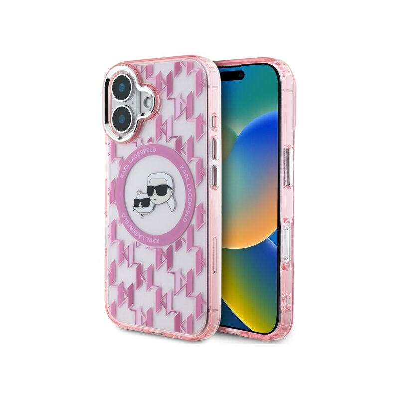 Husa iPhone 16 Karl Lagerfeld IML MagSafe, Monogram Karl&Choupette Head, roz, KLHMP16SHMCKMHP