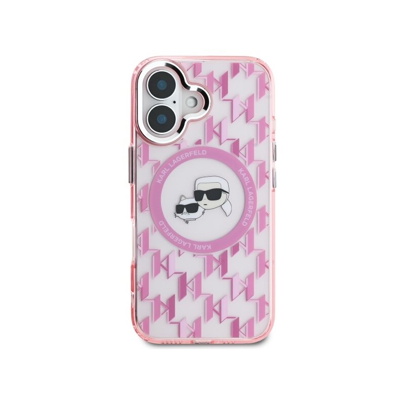Husa iPhone 16 Karl Lagerfeld IML MagSafe, Monogram Karl&Choupette Head, roz, KLHMP16SHMCKMHP