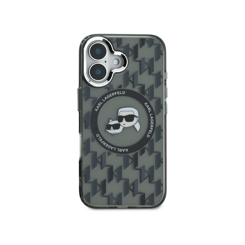 Husa iPhone 16 Karl Lagerfeld IML MagSafe, Monogram Karl&Choupette Head, negru, KLHMP16SHMCKMHK