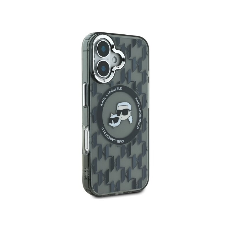 Husa iPhone 16 Karl Lagerfeld IML MagSafe, Monogram Karl&Choupette Head, negru, KLHMP16SHMCKMHK