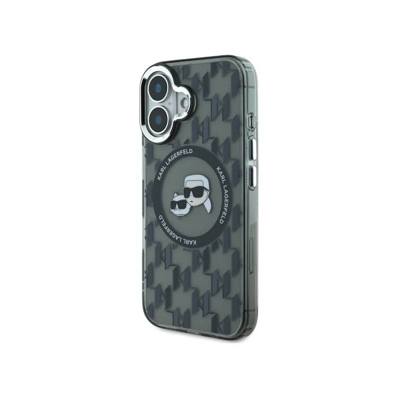 Husa iPhone 16 Karl Lagerfeld IML MagSafe, Monogram Karl&Choupette Head, negru, KLHMP16SHMCKMHK
