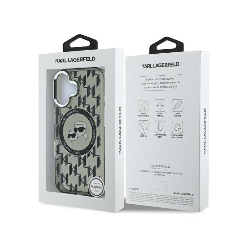 Husa iPhone 16 Karl Lagerfeld IML MagSafe, Monogram Karl&Choupette Head, negru, KLHMP16SHMCKMHK