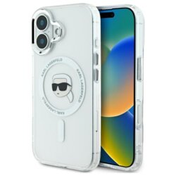 Husa iPhone 16 Karl Lagerfeld IML MagSafe, Metal Karl`s Head, alb, KLHMP16SHLSKIH