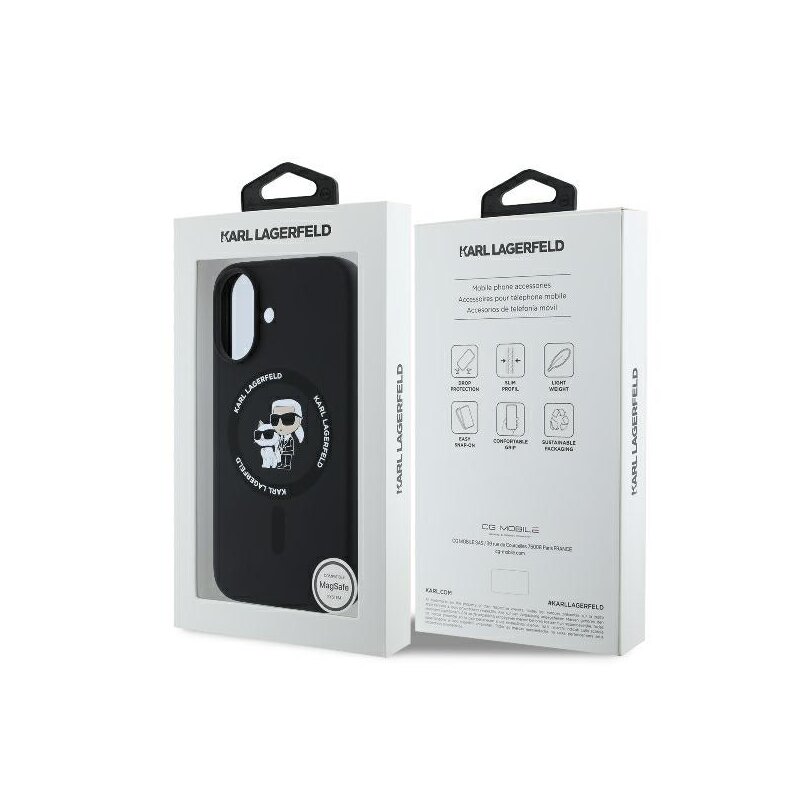 Husa Karl Lagerfeld iPhone 16 Plus Silicone Ring MagSafe, Karl&Choupette, negru, KLHMP16MSCMKCRHK