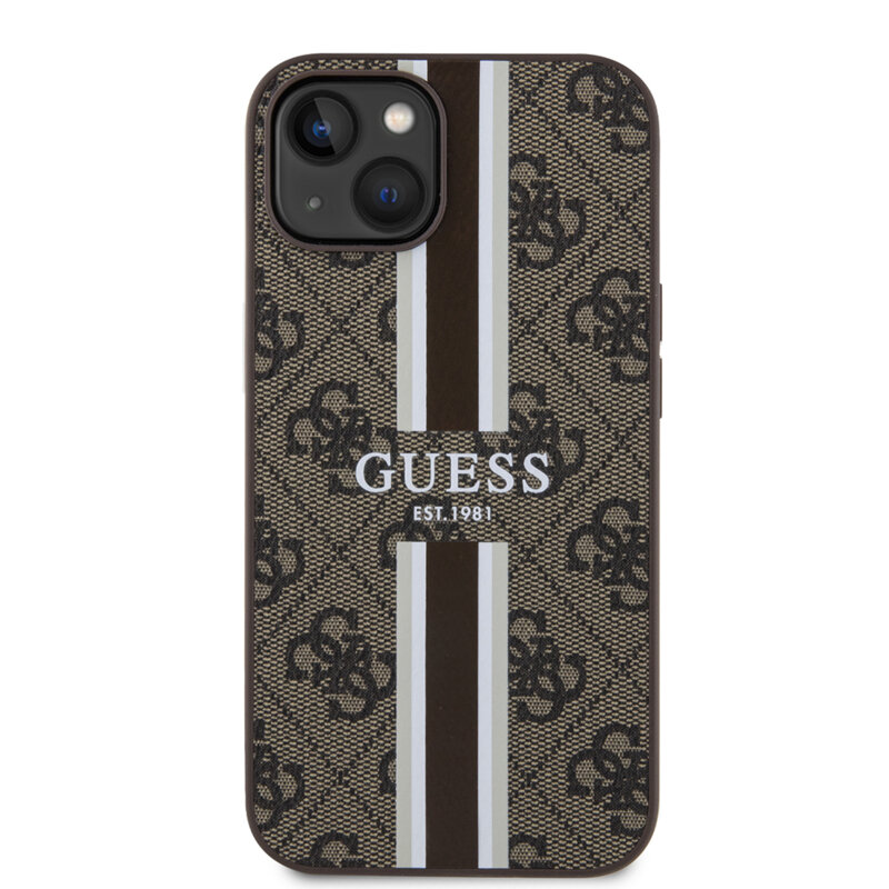 Husa originala Guess iPhone 15 Hardcase 4G Printed Stripes MagSafe, maro, GUHMP15SP4RPSW