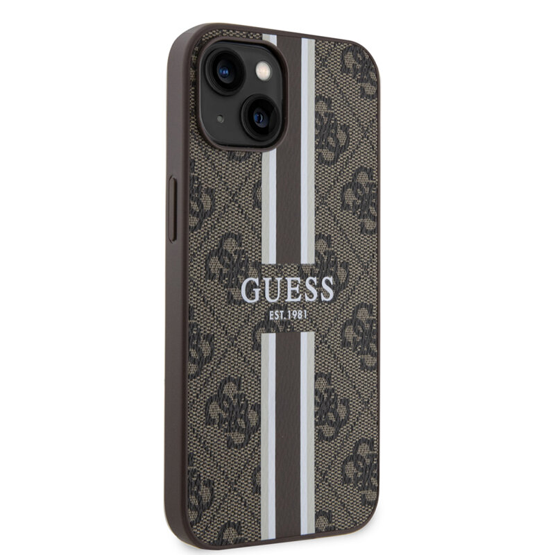 Husa originala Guess iPhone 15 Hardcase 4G Printed Stripes MagSafe, maro, GUHMP15SP4RPSW