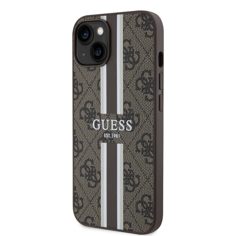 Husa originala Guess iPhone 15 Hardcase 4G Printed Stripes MagSafe, maro, GUHMP15SP4RPSW