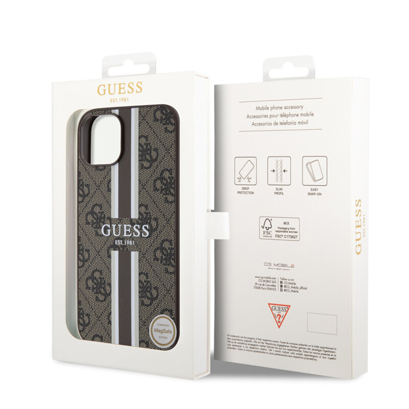 Husa originala Guess iPhone 15 Hardcase 4G Printed Stripes MagSafe, maro, GUHMP15SP4RPSW