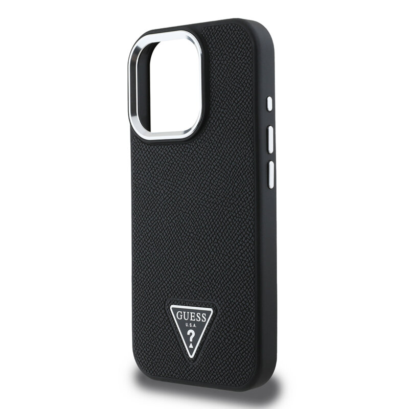 Husa iPhone 16 Pro originala Guess Grained Triangle MagSafe, negru, GUHMP16LPGTSPSK