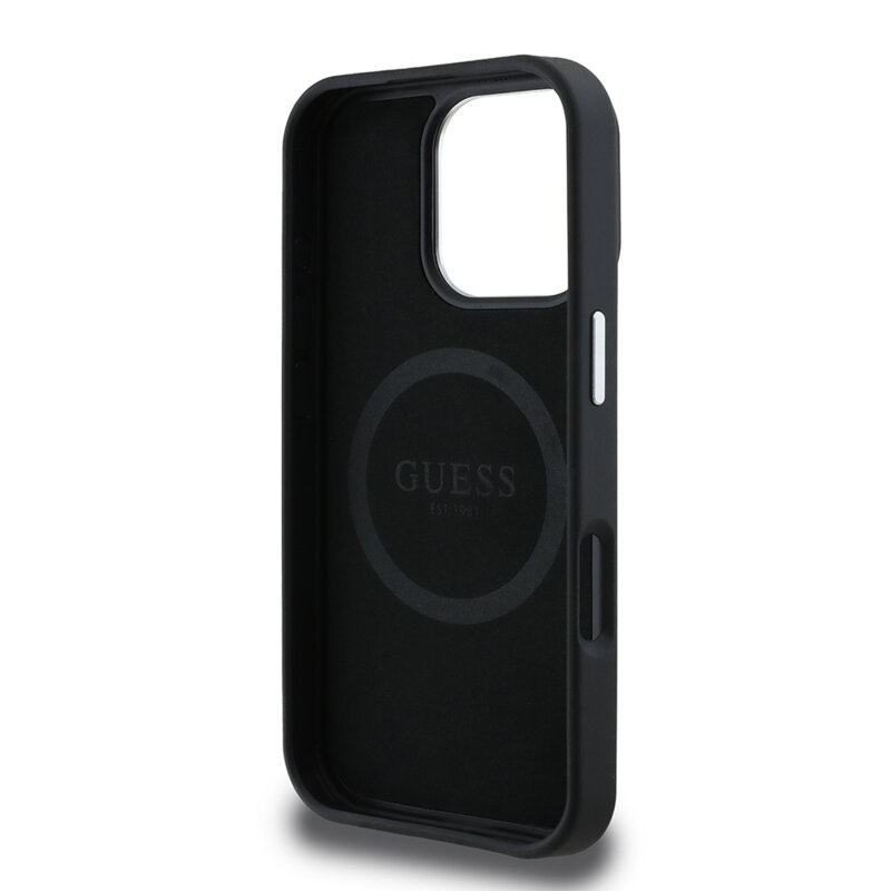 Husa iPhone 16 Pro originala Guess Grained Triangle MagSafe, negru, GUHMP16LPGTSPSK