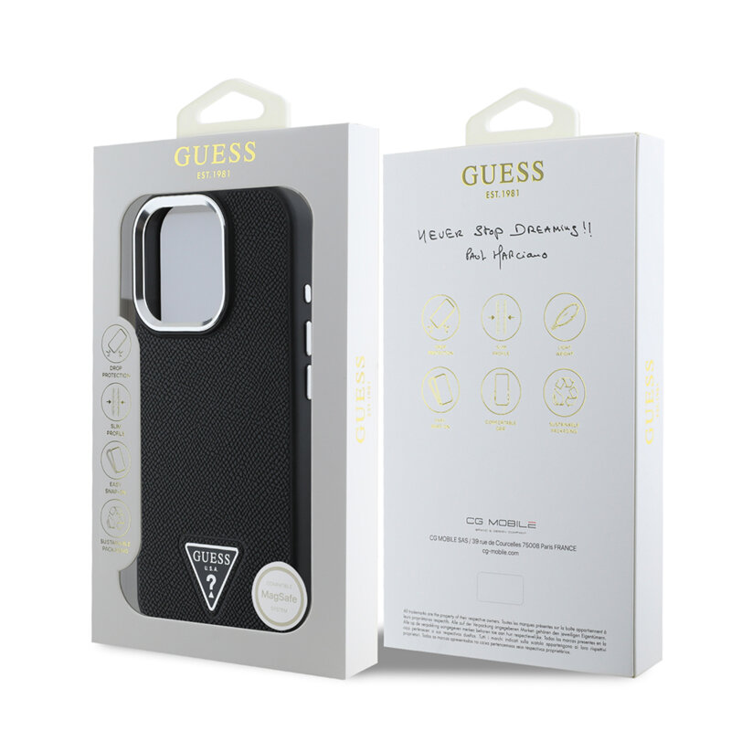 Husa iPhone 16 Pro originala Guess Grained Triangle MagSafe, negru, GUHMP16LPGTSPSK