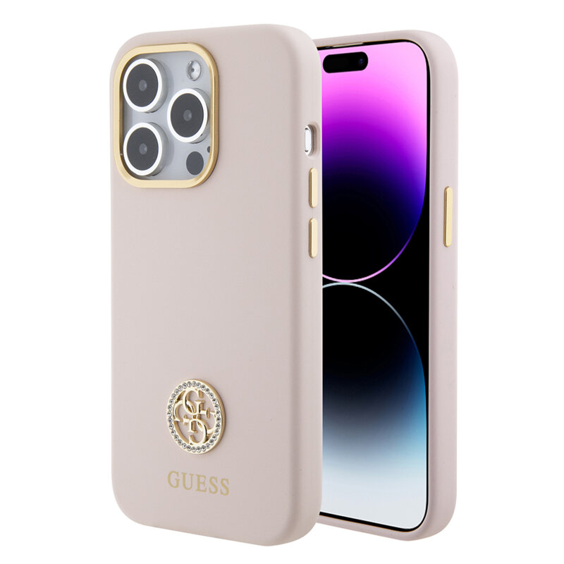 Husa Guess iPhone 15 Pro Silicone Logo Strass 4G, roz deschis, GUHCP15LM4DGPP