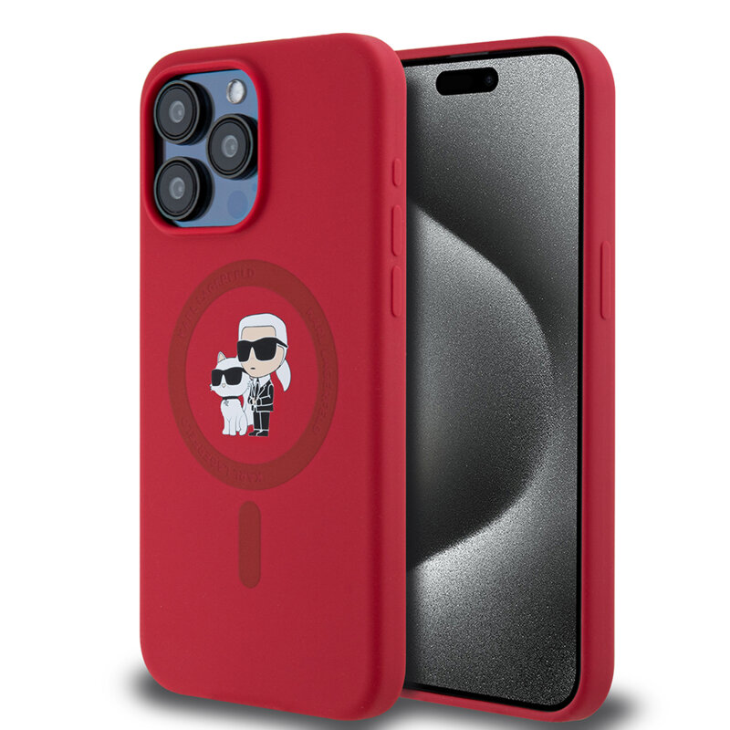 Husa Karl Lagerfeld iPhone 15 Pro Max Silicone Ring MagSafe, Karl&Choupette, rosu, KLHMP15XSCMKCRHR