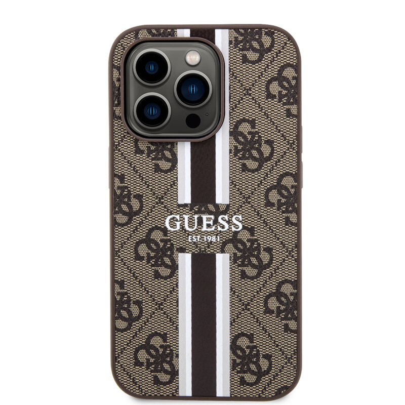 Husa originala Guess iPhone 15 Pro Hardcase 4G Printed Stripes MagSafe, maro, GUHMP15LP4RPSW