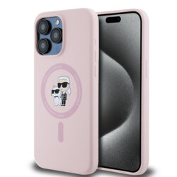Husa Karl Lagerfeld iPhone 15 Pro Max Silicone Ring MagSafe, Karl&Choupette, roz, KLHMP15XSCMKCRHP