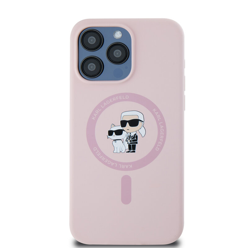 Husa Karl Lagerfeld iPhone 15 Pro Max Silicone Ring MagSafe, Karl&Choupette, roz, KLHMP15XSCMKCRHP