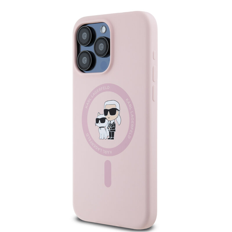Husa Karl Lagerfeld iPhone 15 Pro Max Silicone Ring MagSafe, Karl&Choupette, roz, KLHMP15XSCMKCRHP