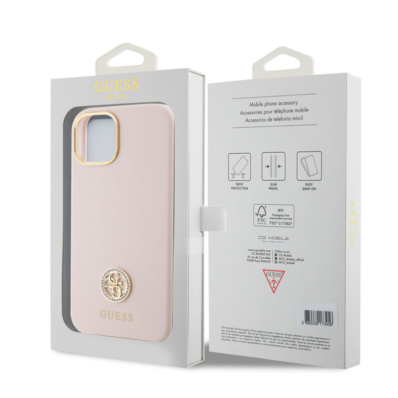 Husa Guess iPhone 15 Silicone Logo Strass 4G, roz deschis, GUHCP15SM4DGPP