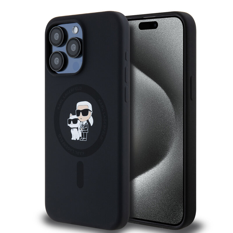Husa Karl Lagerfeld iPhone 15 Pro Max Silicone Ring MagSafe, Karl&Choupette, negru, KLHMP15XSCMKCRHK