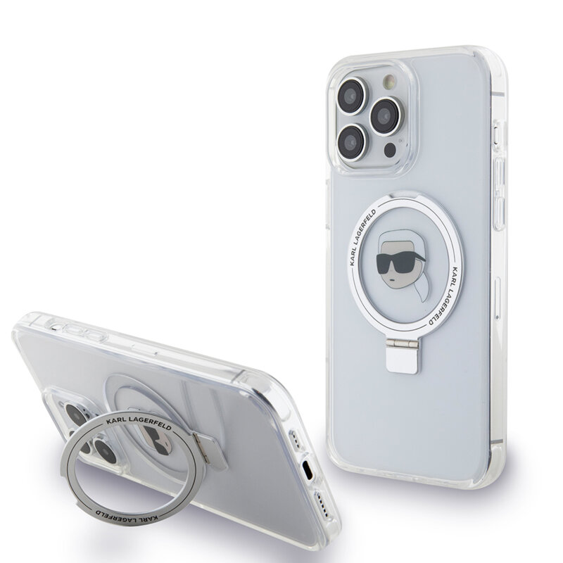 Husa iPhone 15 Pro Max Karl Lagerfeld Hardcase Ring Stand MagSafe, Karl Head, alb, KLHMP15XHMRSKHH