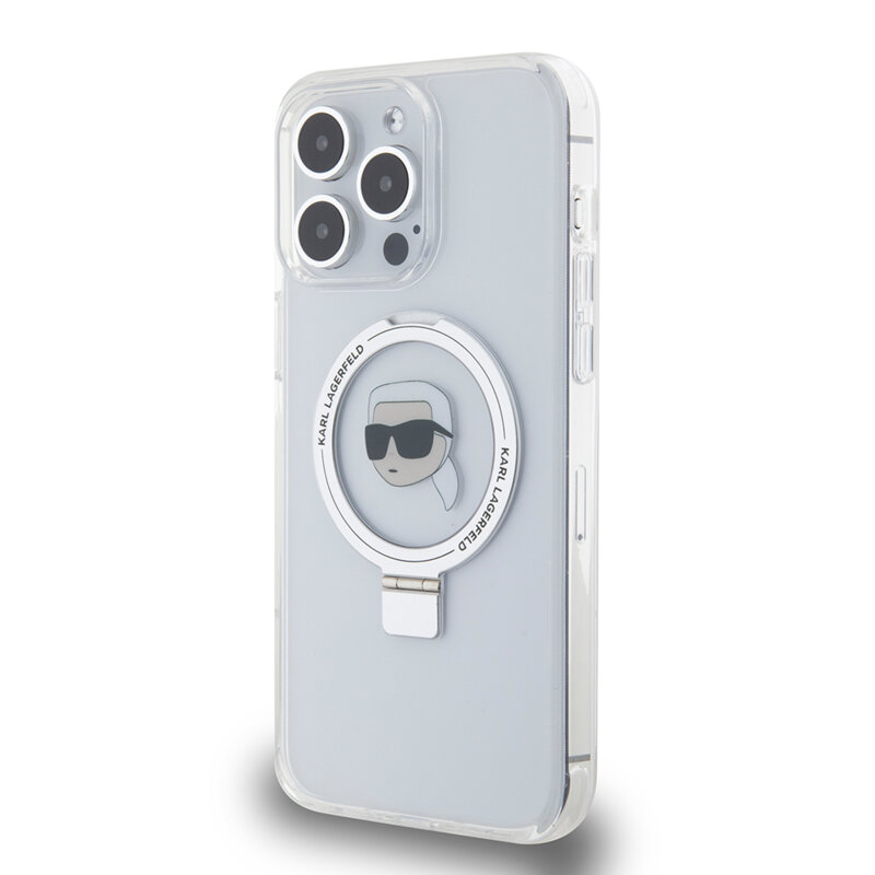 Husa iPhone 15 Pro Max Karl Lagerfeld Hardcase Ring Stand MagSafe, Karl Head, alb, KLHMP15XHMRSKHH