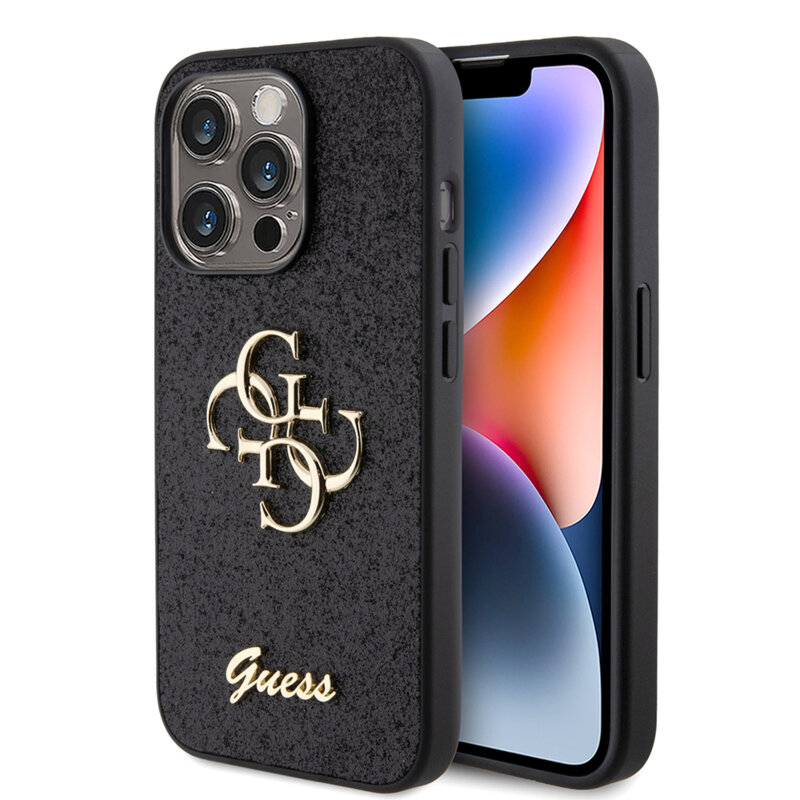Husa Guess Glitter Script Big 4G iPhone 15 Pro cu sclipici, negru, GUHCP15LHG4SGK