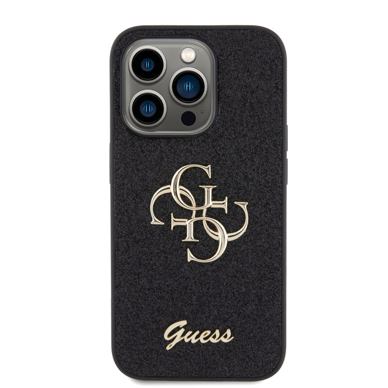 Husa Guess Glitter Script Big 4G iPhone 15 Pro cu sclipici, negru, GUHCP15LHG4SGK