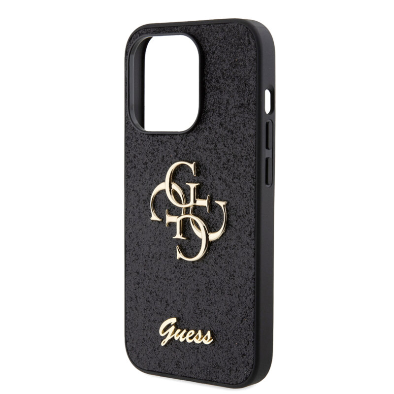 Husa Guess Glitter Script Big 4G iPhone 15 Pro cu sclipici, negru, GUHCP15LHG4SGK