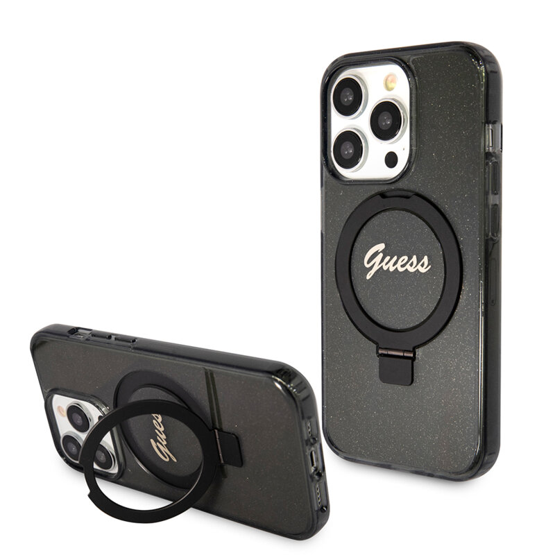 Husa Guess iPhone 15 Pro Max Ring Stand Script Glitter MagSafe, negru, GUHMP15XHRSGSK