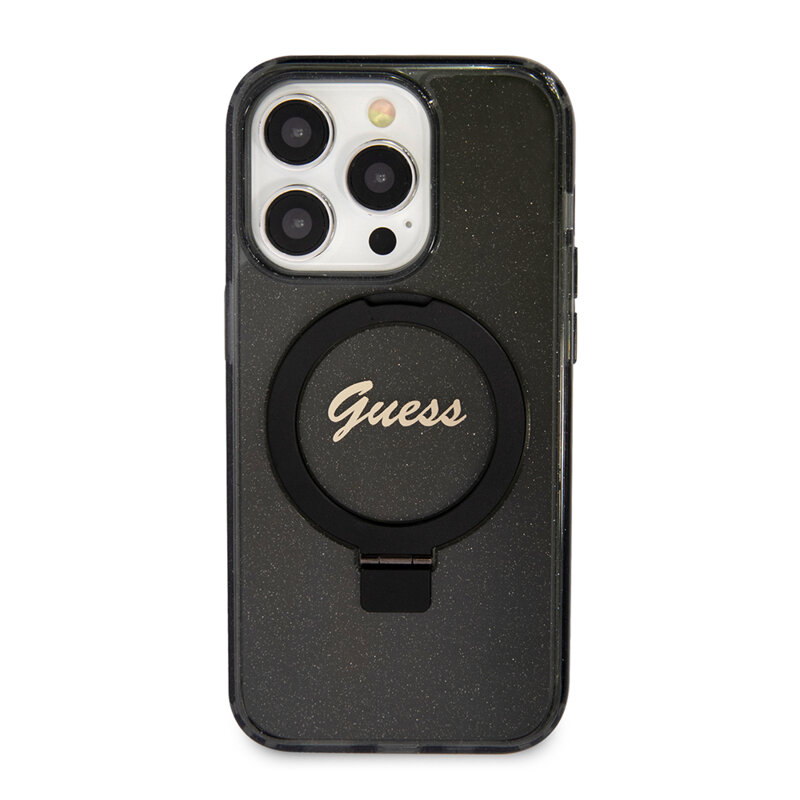 Husa Guess iPhone 15 Pro Max Ring Stand Script Glitter MagSafe, negru, GUHMP15XHRSGSK