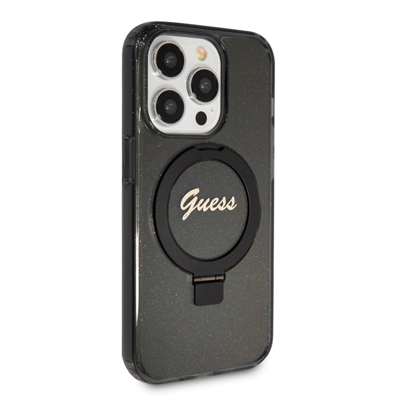 Husa Guess iPhone 15 Pro Max Ring Stand Script Glitter MagSafe, negru, GUHMP15XHRSGSK