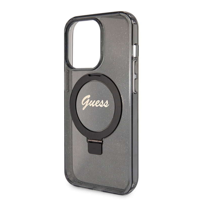 Husa Guess iPhone 15 Pro Max Ring Stand Script Glitter MagSafe, negru, GUHMP15XHRSGSK
