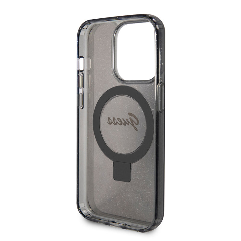 Husa Guess iPhone 15 Pro Max Ring Stand Script Glitter MagSafe, negru, GUHMP15XHRSGSK