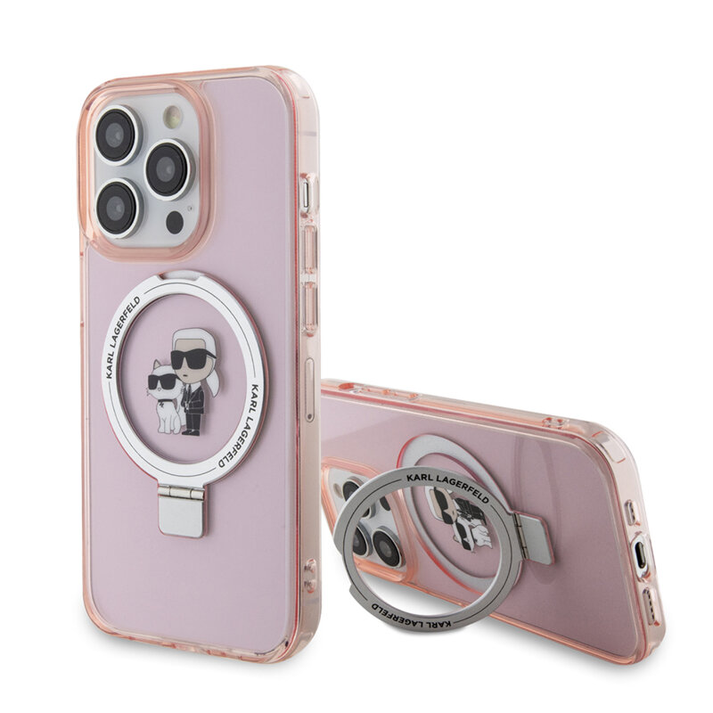 Husa iPhone 15 Pro Max Karl Lagerfeld Hardcase Ring Stand MagSafe, Karl&Choupette, roz, KLHMP15XHMRSKCP