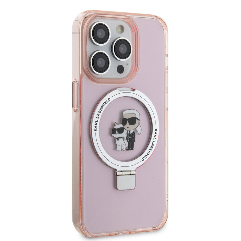 Husa iPhone 15 Pro Max Karl Lagerfeld Hardcase Ring Stand MagSafe, Karl&Choupette, roz, KLHMP15XHMRSKCP