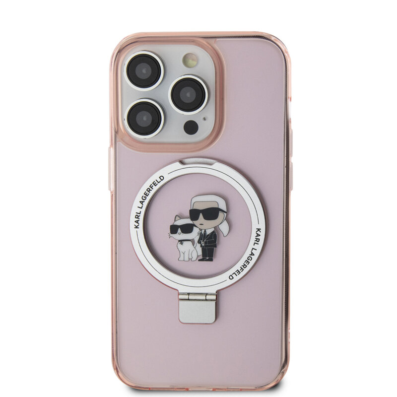 Husa iPhone 15 Pro Max Karl Lagerfeld Hardcase Ring Stand MagSafe, Karl&Choupette, roz, KLHMP15XHMRSKCP