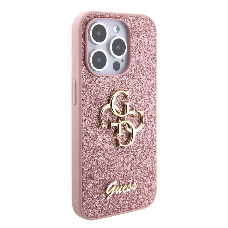 Husa Guess Glitter Script Big 4G iPhone 15 Pro cu sclipici, roz, GUHCP15LHG4SGP
